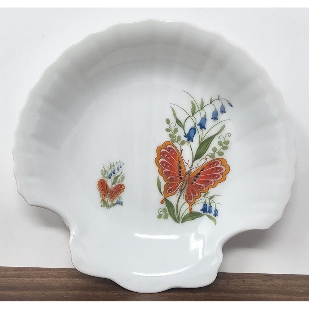 Vtg Takahashi Dew Hand Decorated Seashell Butterflies Flowers Trinket Soap Dish
